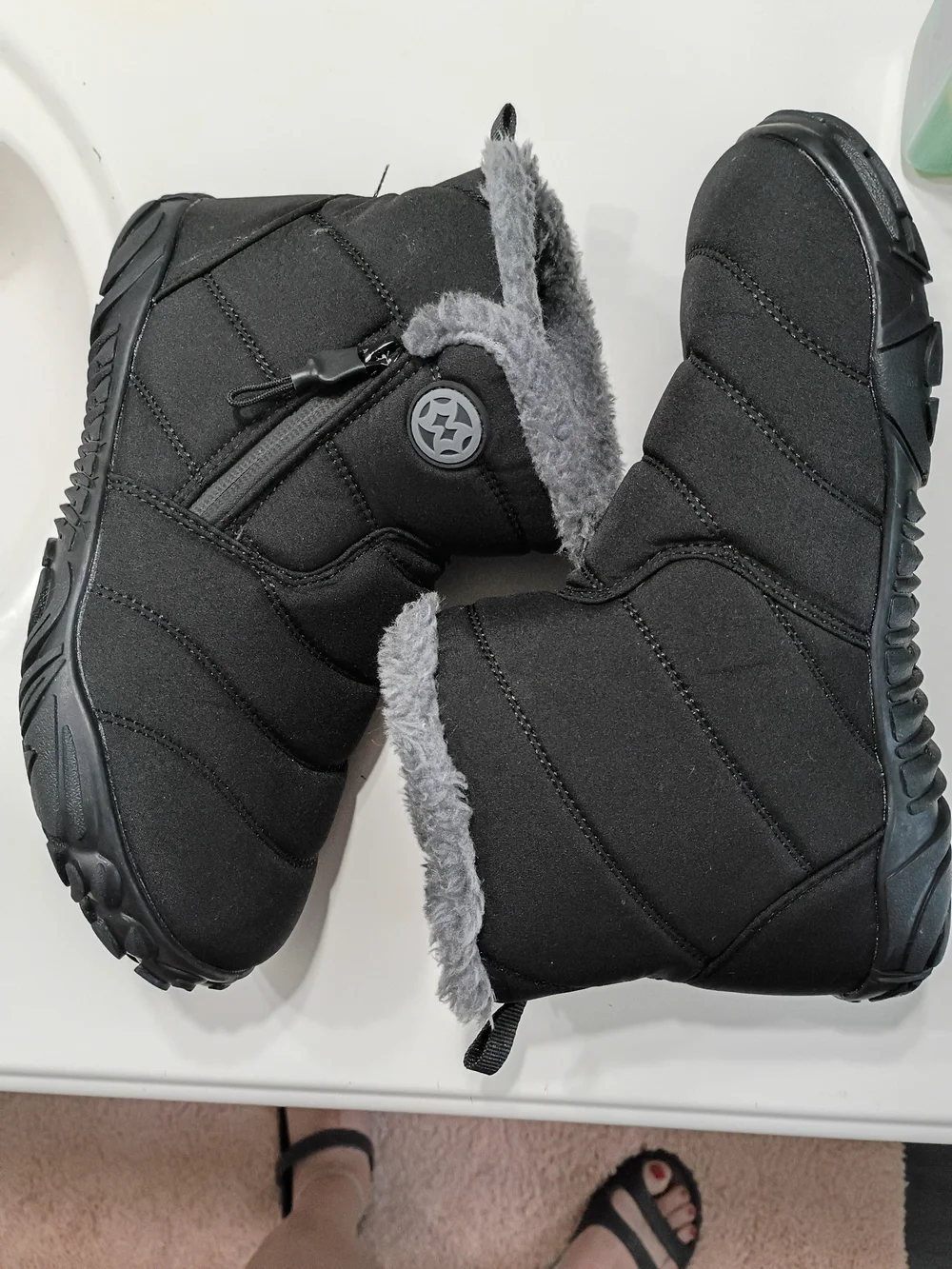 Women's Black Winter Ankle Boots with Grey Faux Fur Collar